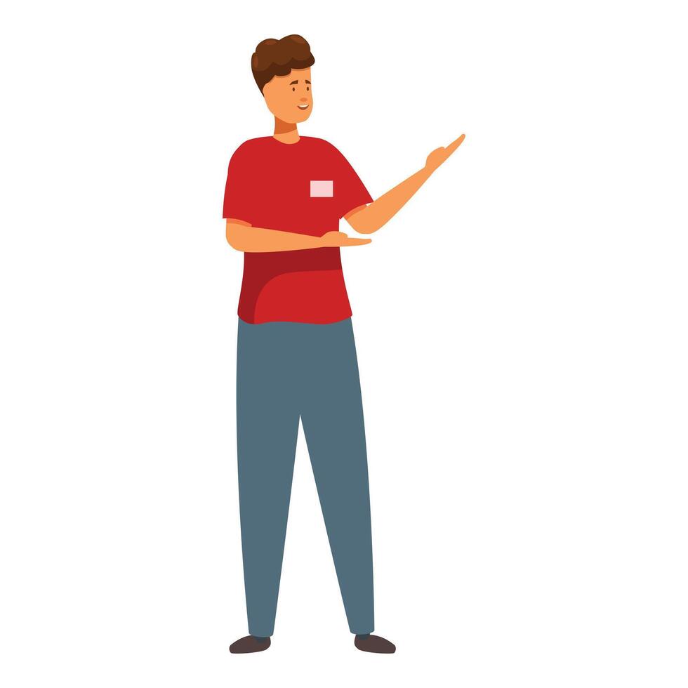 Promoter showing something with hands and smiling on white background vector