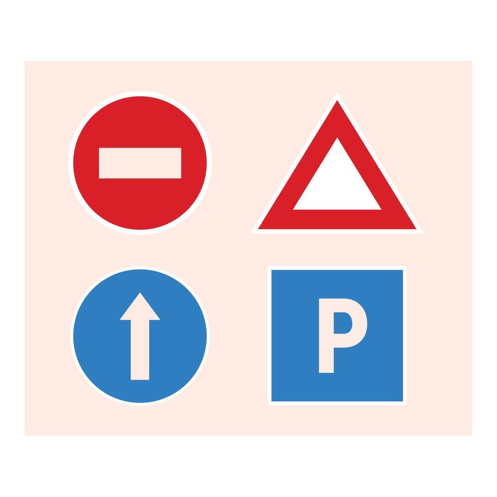 Traffic signs showing no entry, give way, straight ahead and parking vector