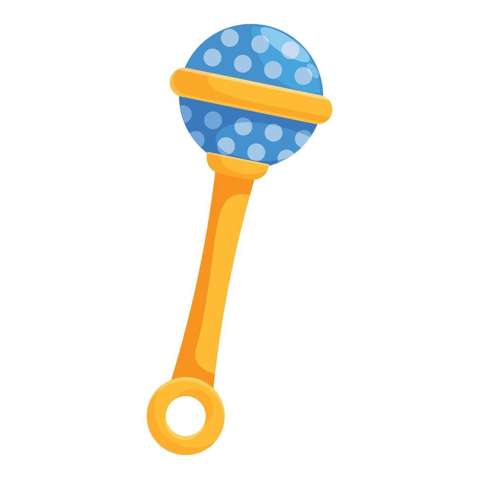 Blue and yellow baby rattle with dots is being held vector