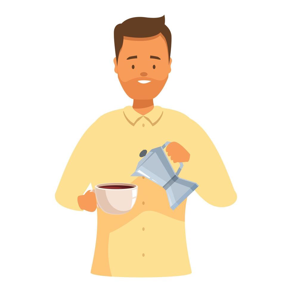 Barista preparing cup of coffee pouring it from italian coffee maker vector
