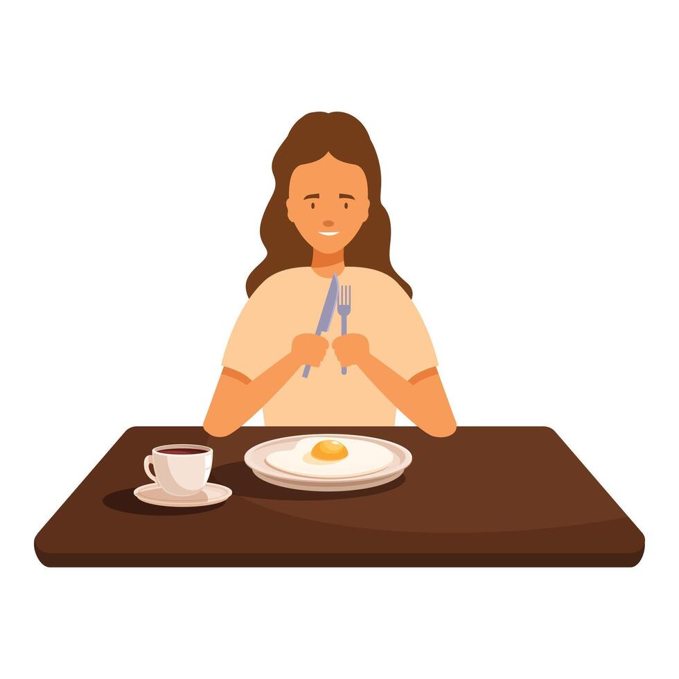 Woman ready to eat a healthy breakfast of fried egg and coffee vector