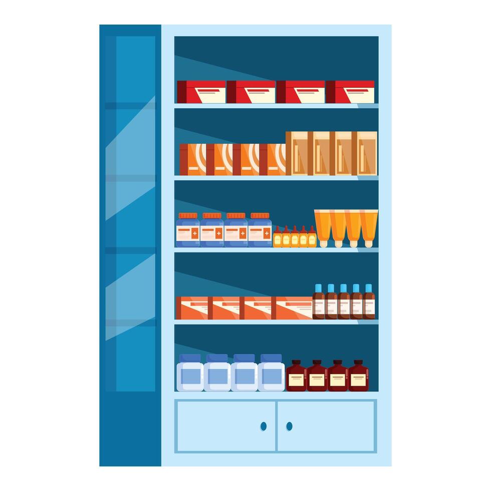 Pharmacy drugstore shelf displaying medical products and pills vector