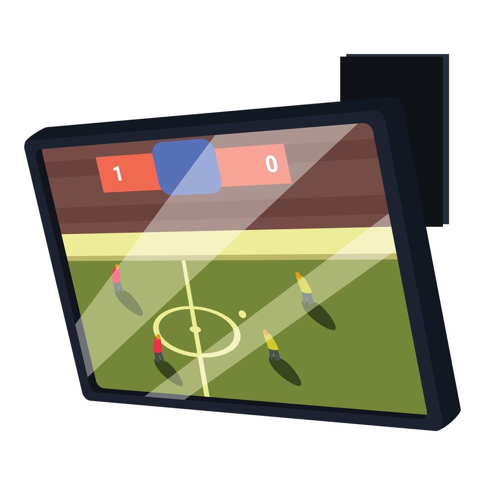 Football match live broadcasting showing scoreboard with soccer players running vector