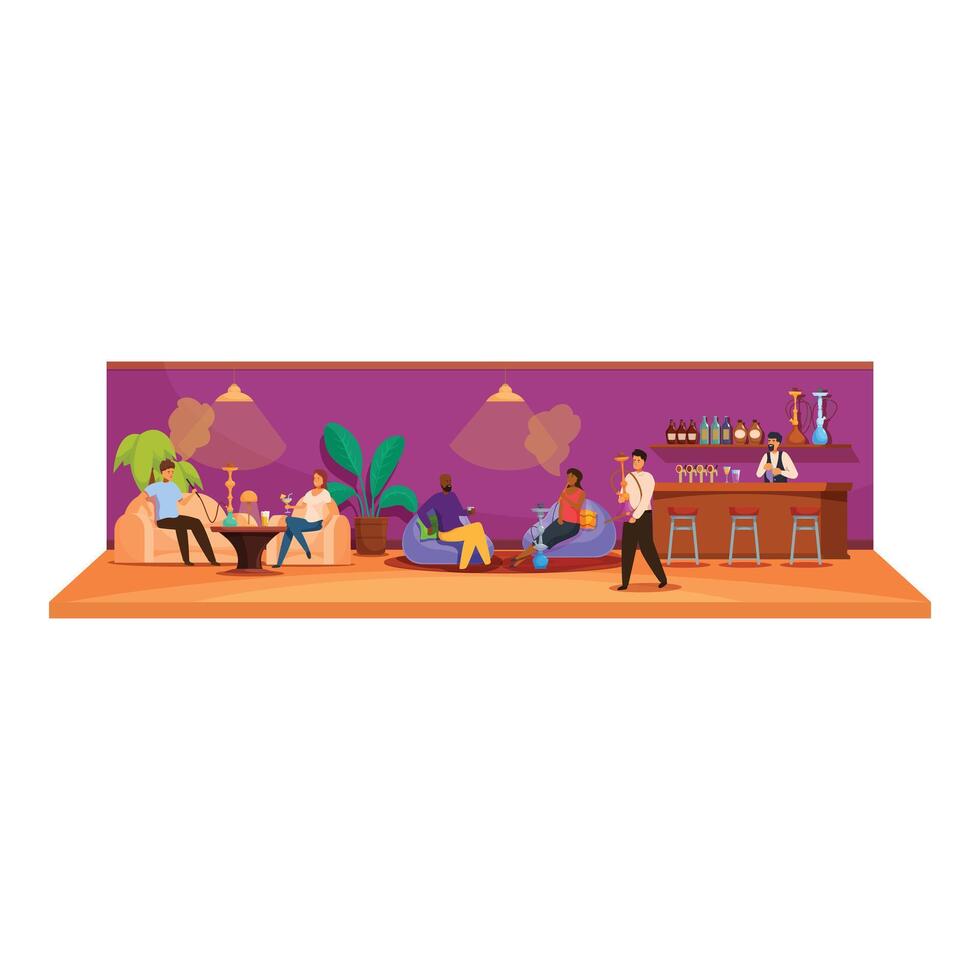 People relaxing and smoking hookah in shisha bar vector