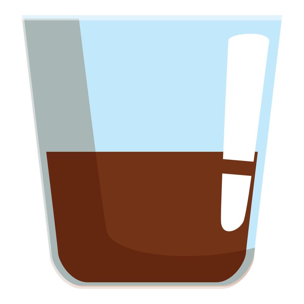 Glass cup containing dark liquid and stir stick resting on side vector