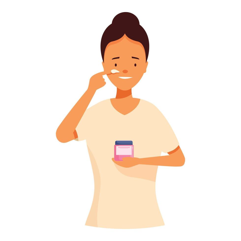 Beautician applying face cream using finger, holding jar, skincare routine, beauty salon vector