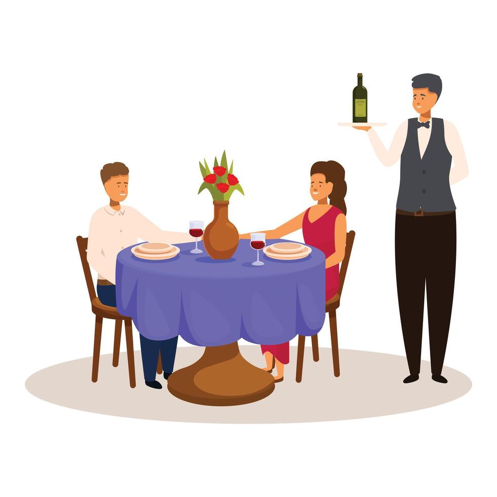 Romantic couple having dinner date with waiter serving wine at restaurant table vector