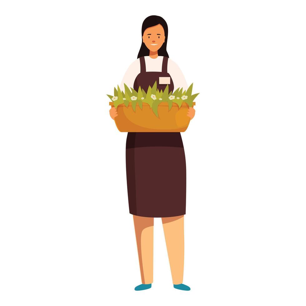 Smiling female gardener holding flower box with both hands vector