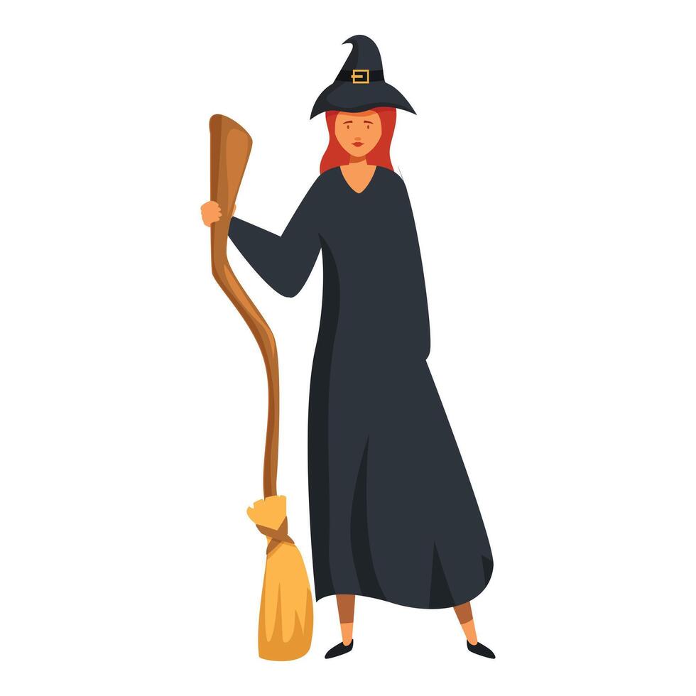 Witch in a black dress and hat is holding a broom vector