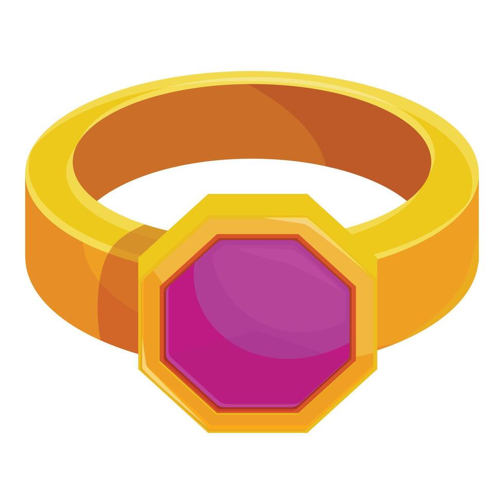 Golden ring with big purple gem stone is sparkling vector