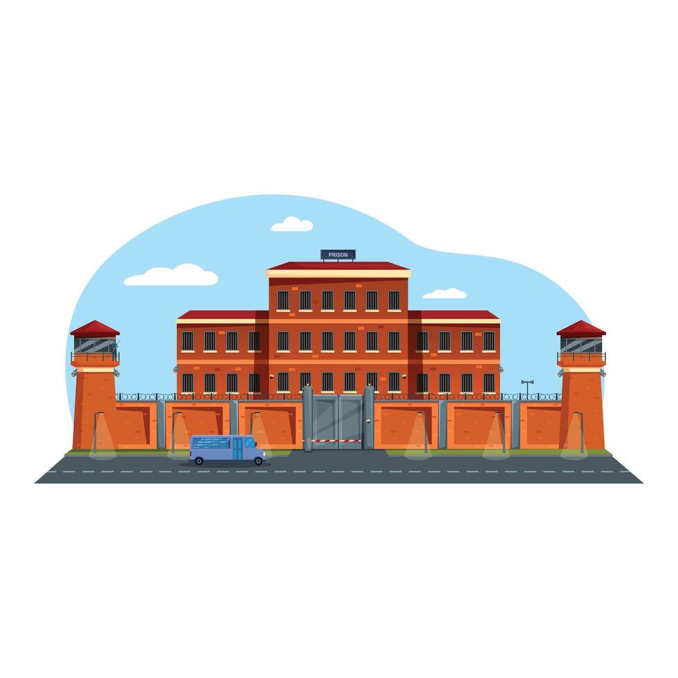Prison building exterior with watch towers and bus passing by vector