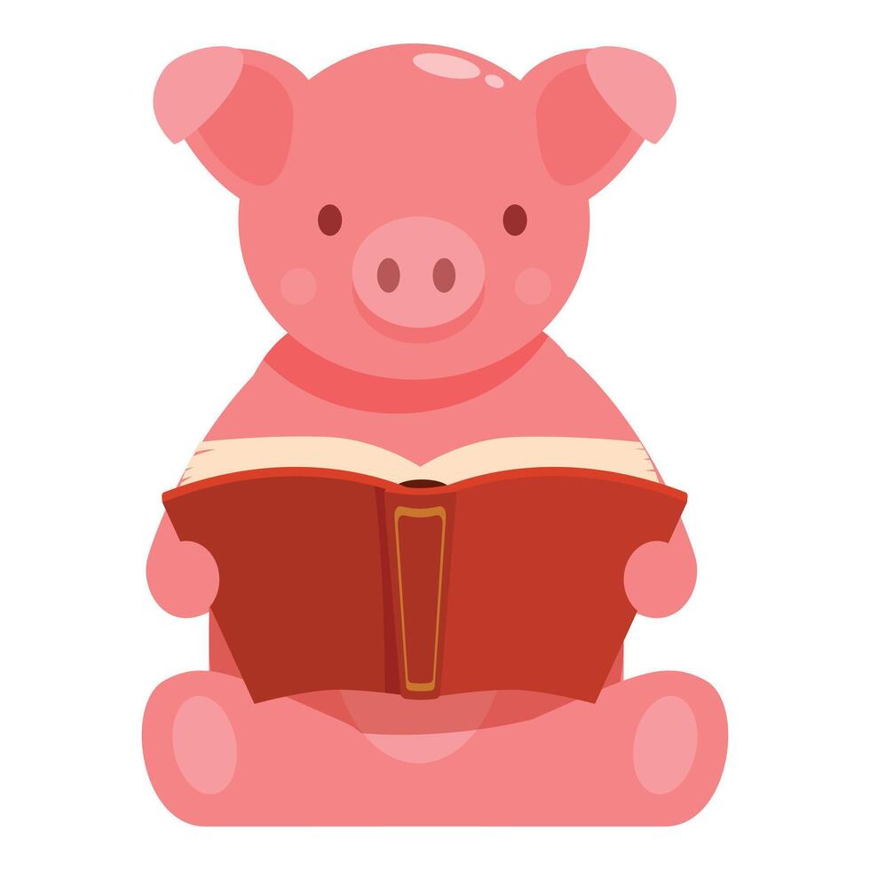 Pink pig sitting and reading a big red book vector