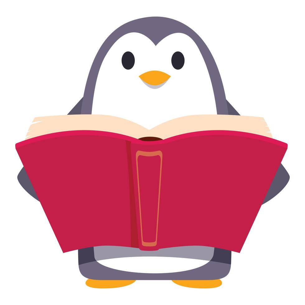 Cute penguin holding open book enjoying reading vector