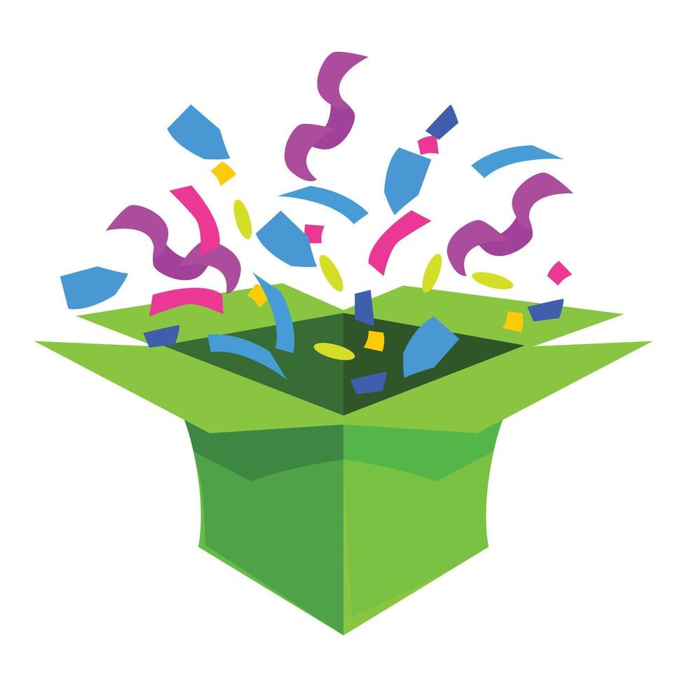 Green cardboard box exploding with colorful confetti vector