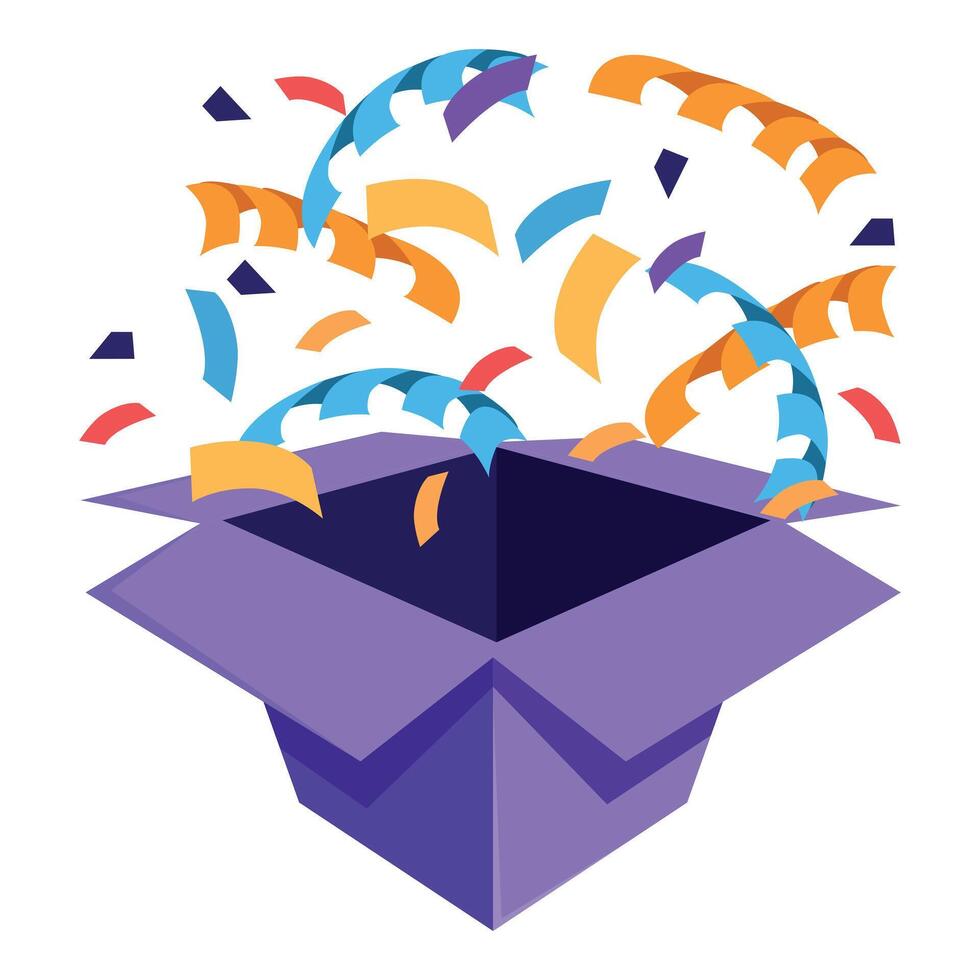 Open purple gift box exploding with colorful confetti vector