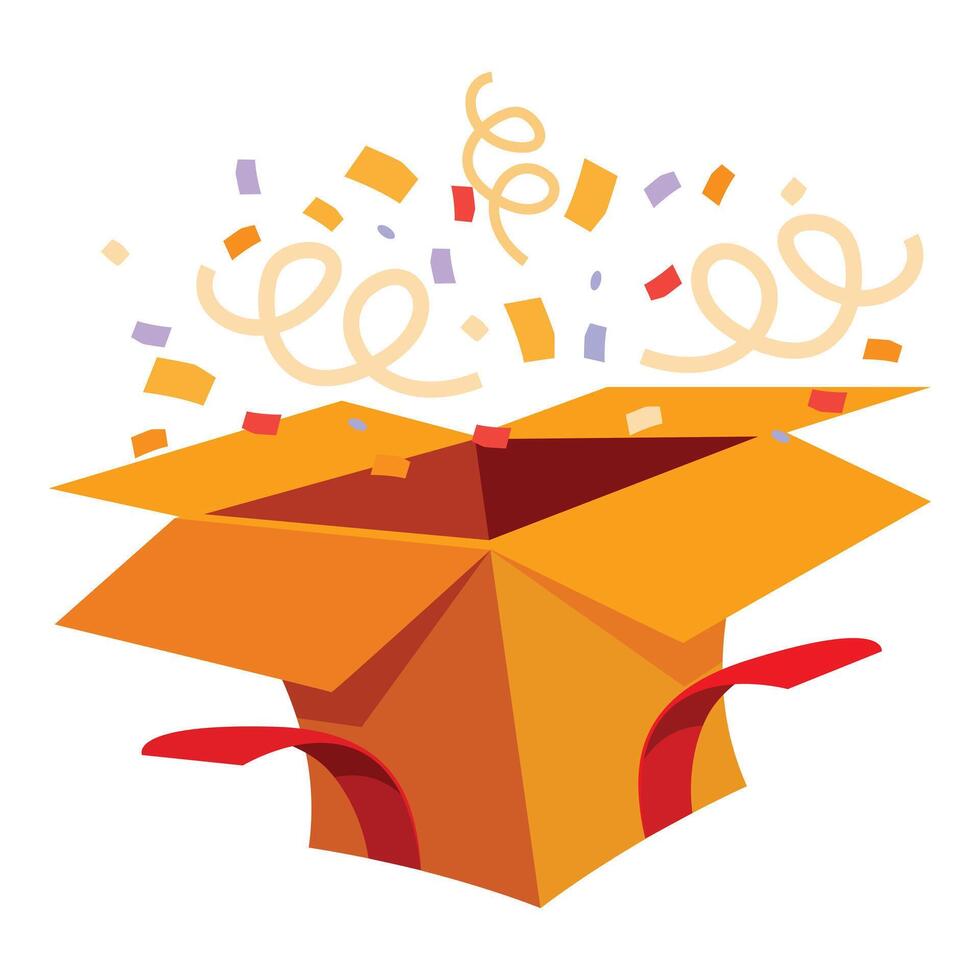 Open cardboard box exploding with colorful confetti vector