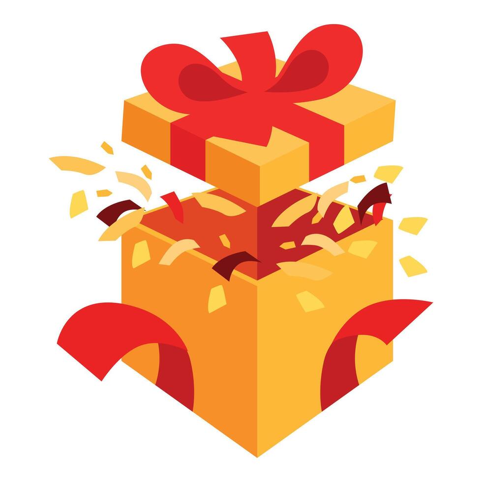 Open gift box exploding with confetti and ribbon vector