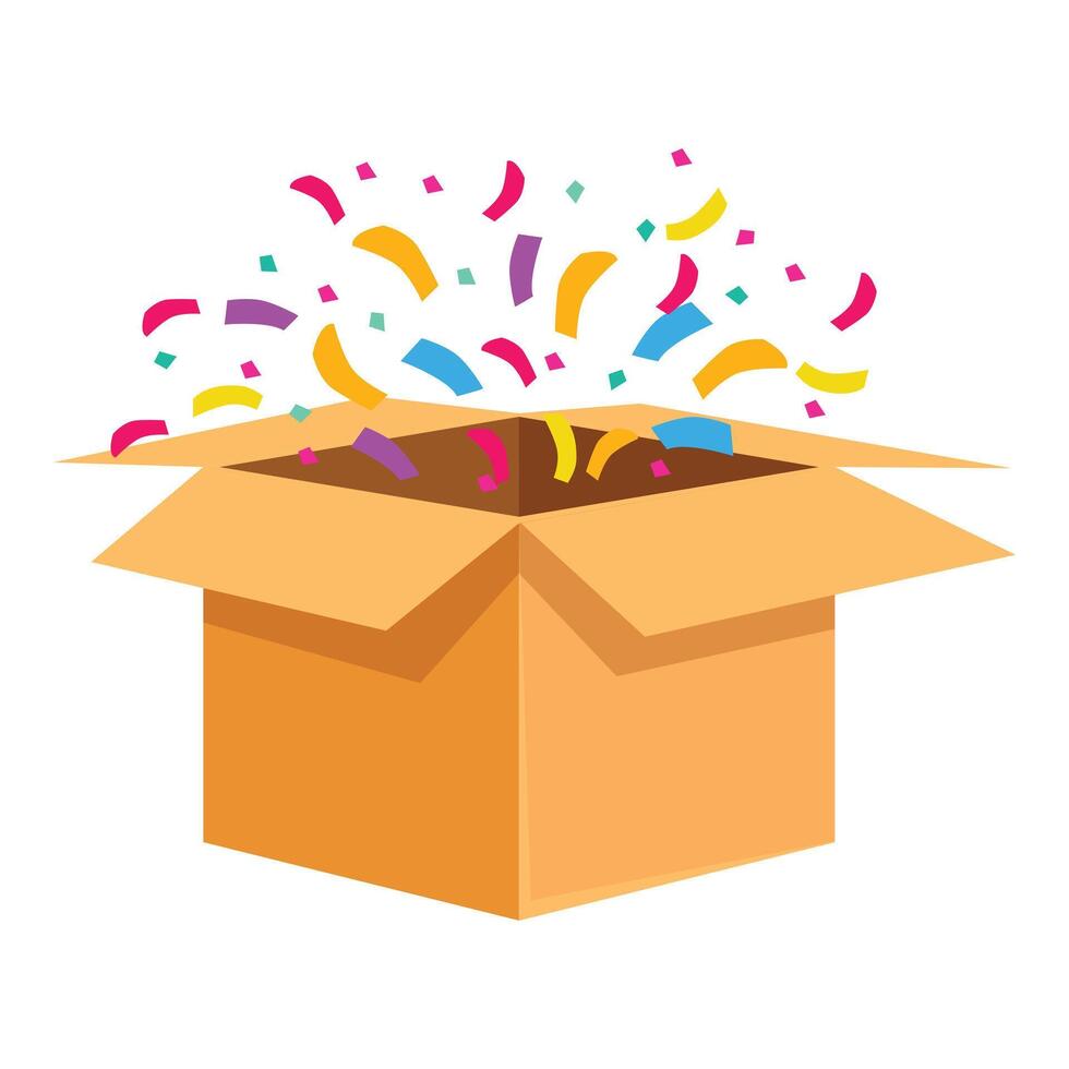 Open cardboard box exploding with colorful confetti vector