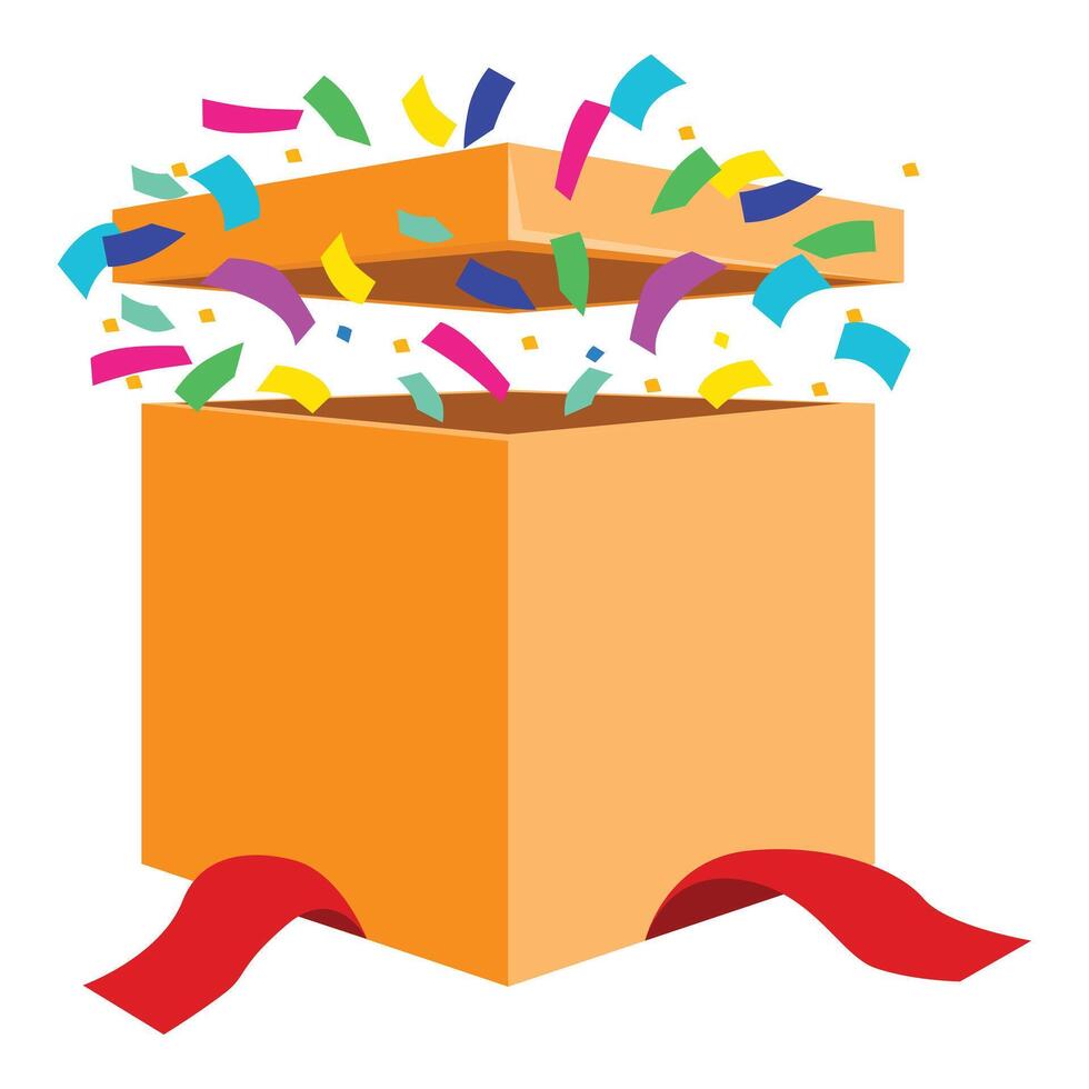Orange gift box opening with colorful confetti exploding out vector