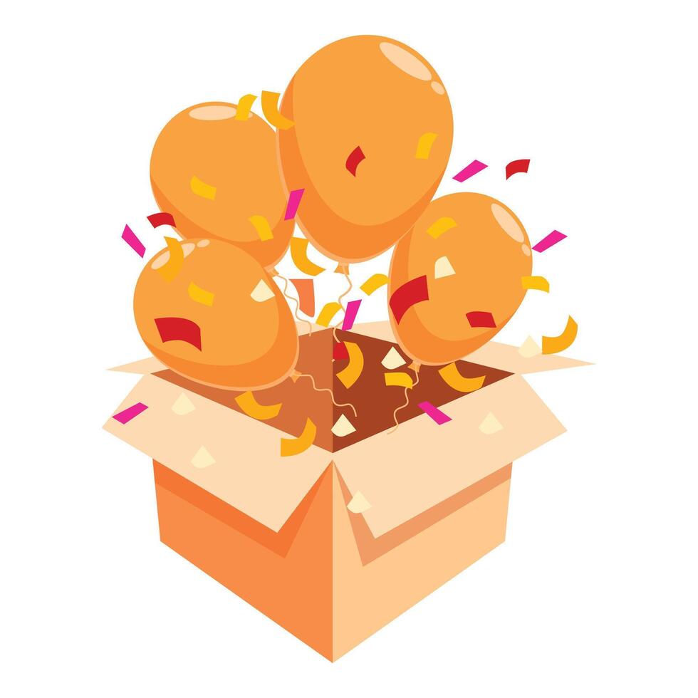Orange balloons with confetti flying out of cardboard gift box vector