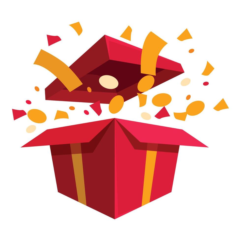 Red gift box opening with confetti exploding out vector