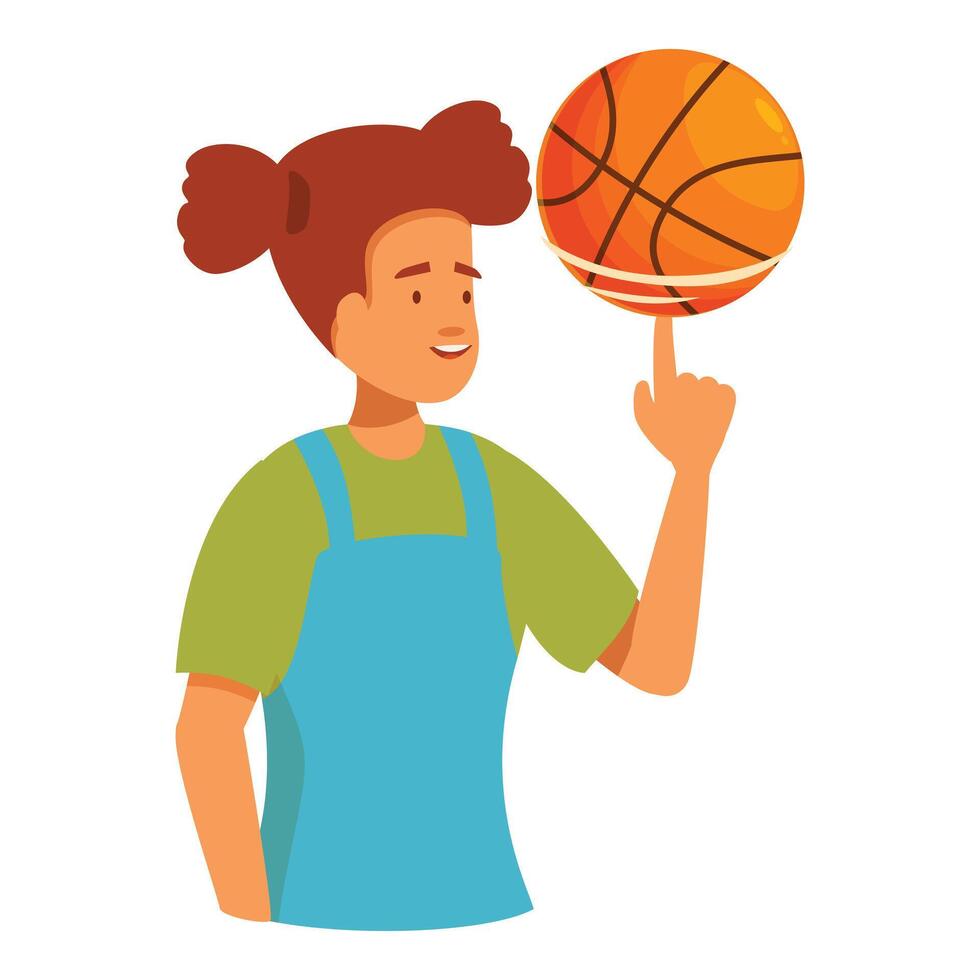 Young woman spinning basketball on fingertip, skill and concentration vector