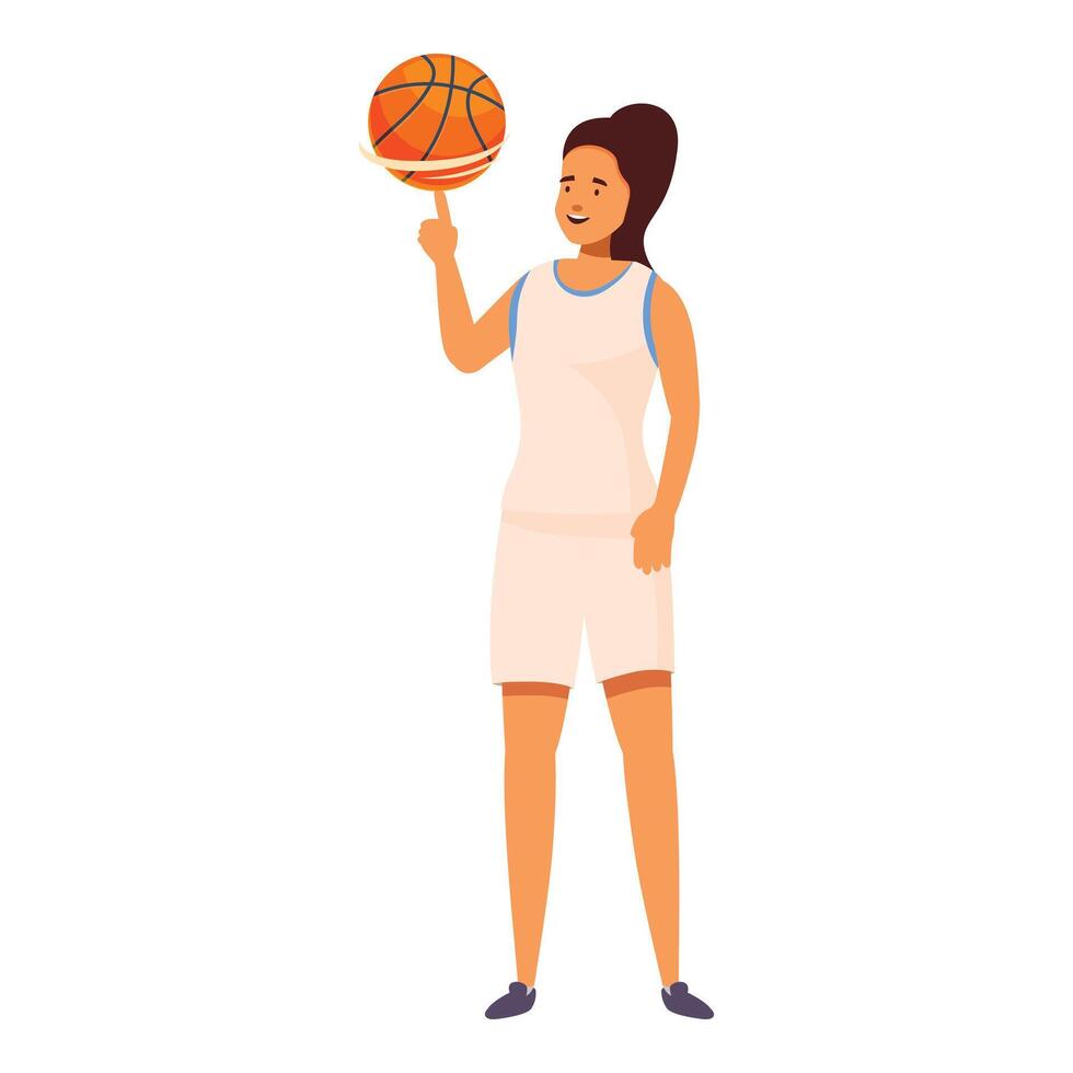 Female basketball player spinning ball on fingertip vector