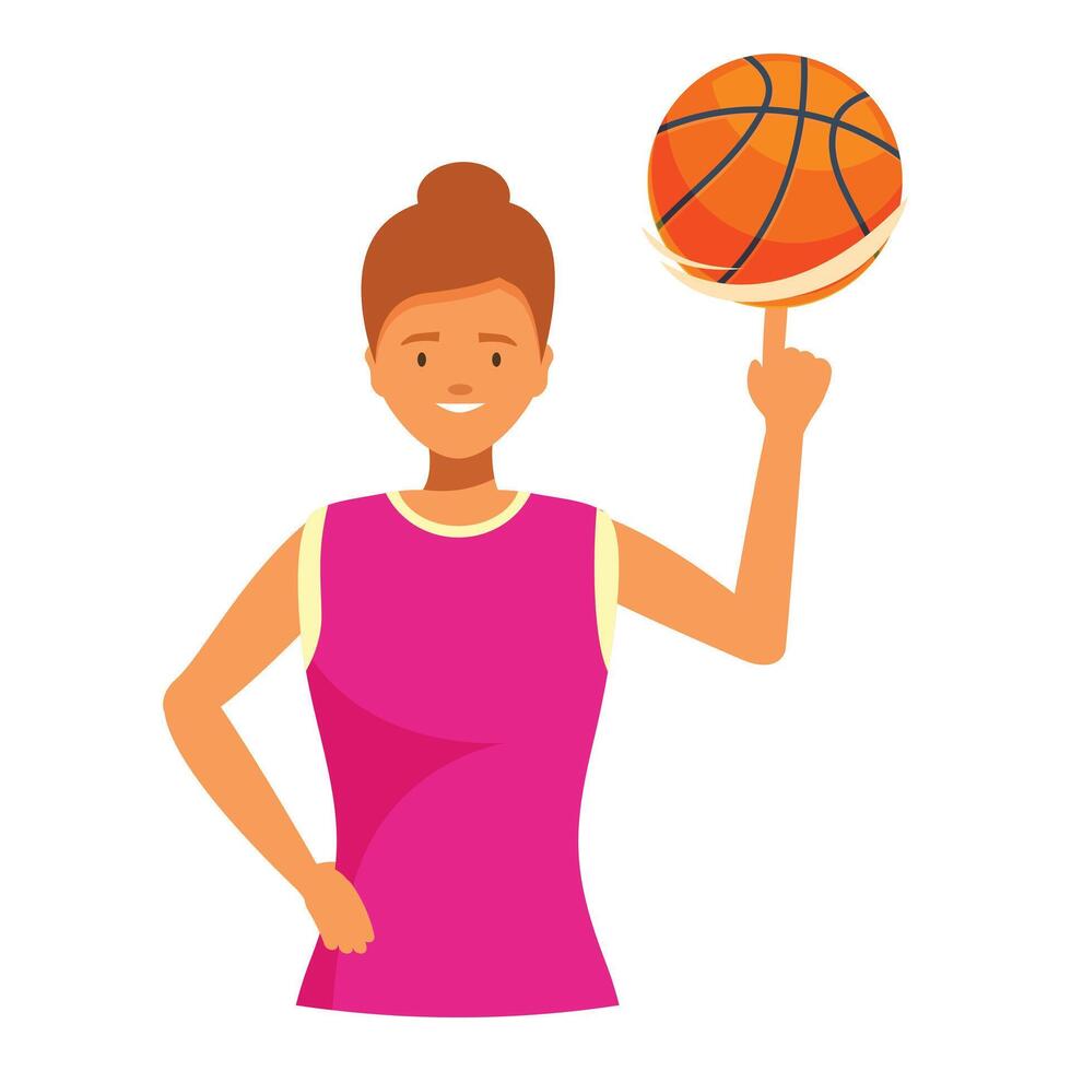 Female basketball player spinning ball on fingertip vector