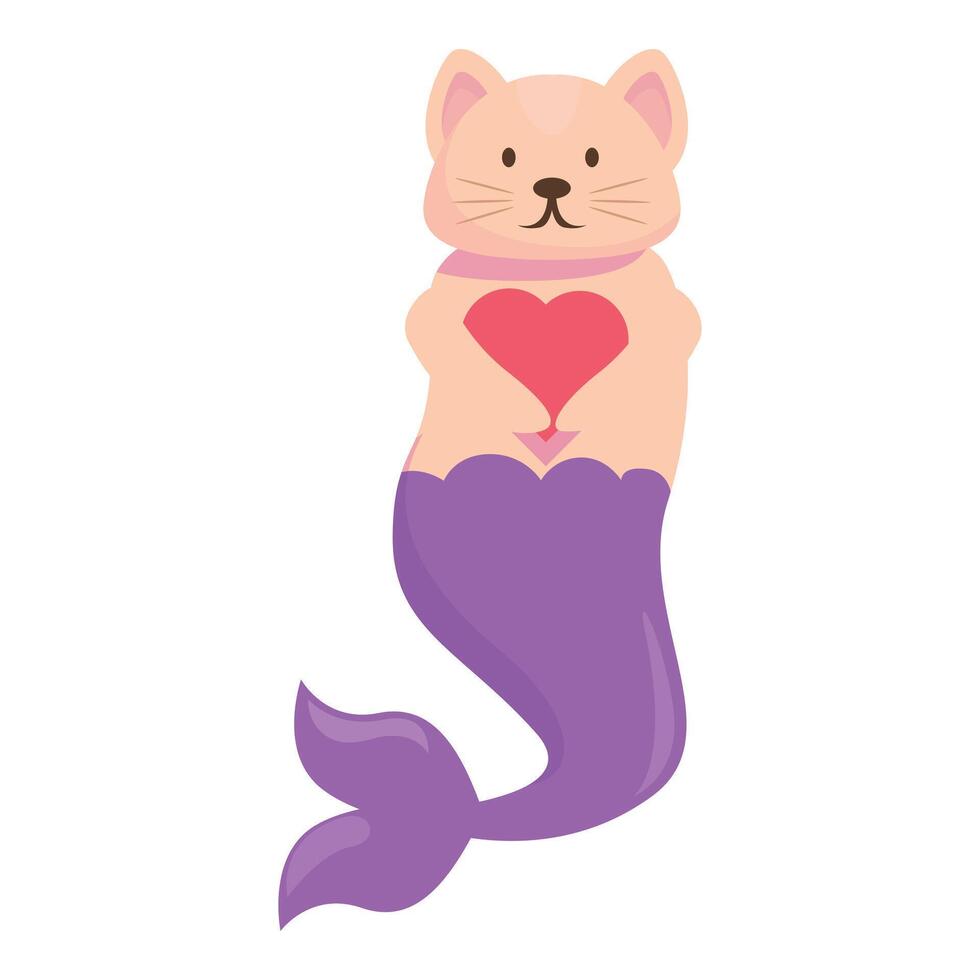 Cute cat mermaid holding a red heart, love and affection concept vector