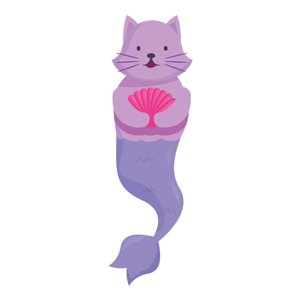 Adorable purple cat mermaid holding a pink seashell vector