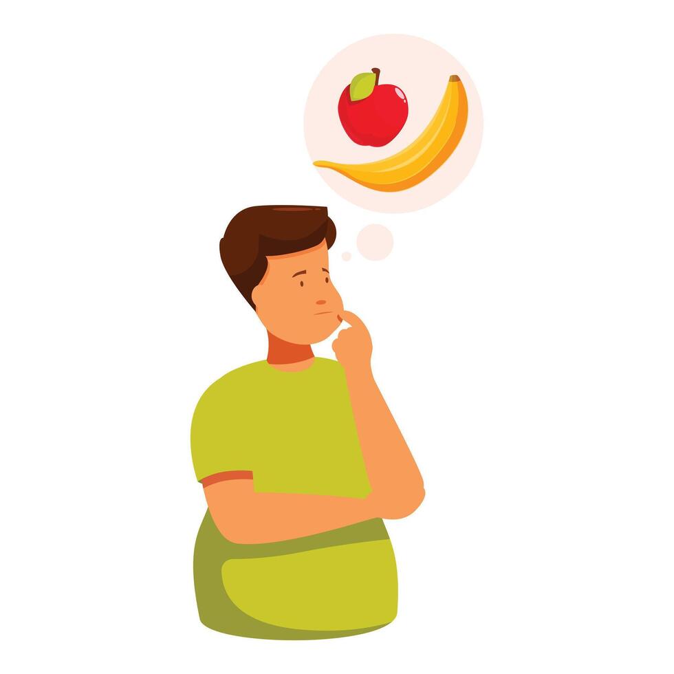 Overweight boy choosing between apple and banana thinking about healthy food vector