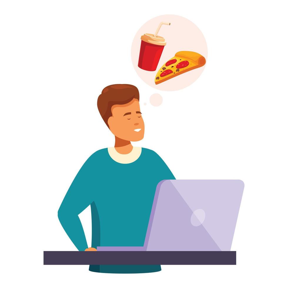 Young man is working on a laptop and dreaming about a delicious pizza and soda vector