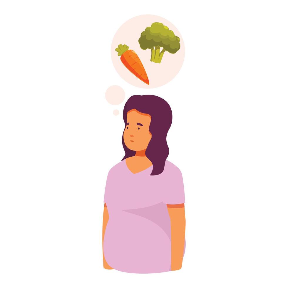 Pregnant woman choosing between healthy and unhealthy food thinking about broccoli and carrot vector illustration