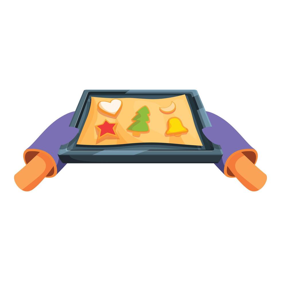 Baker holding baking sheet with christmas cookies vector