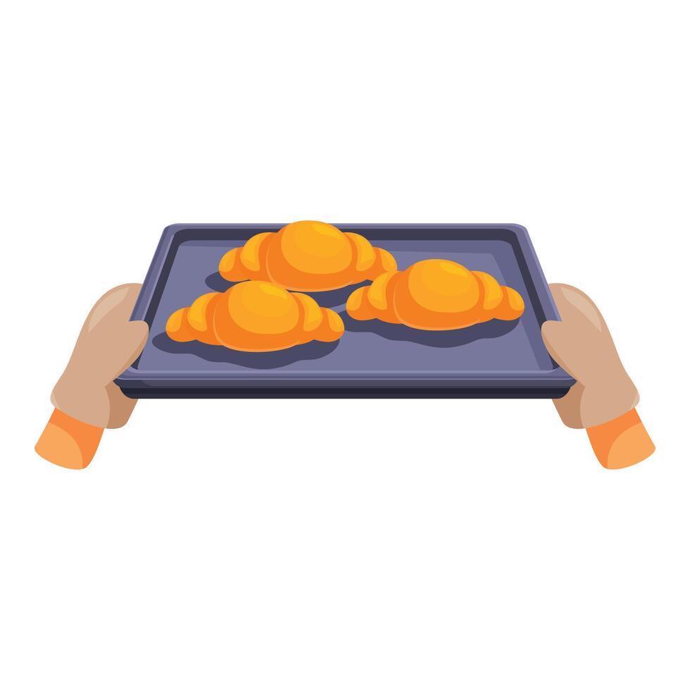 Baker holding baking sheet with freshly baked croissants vector