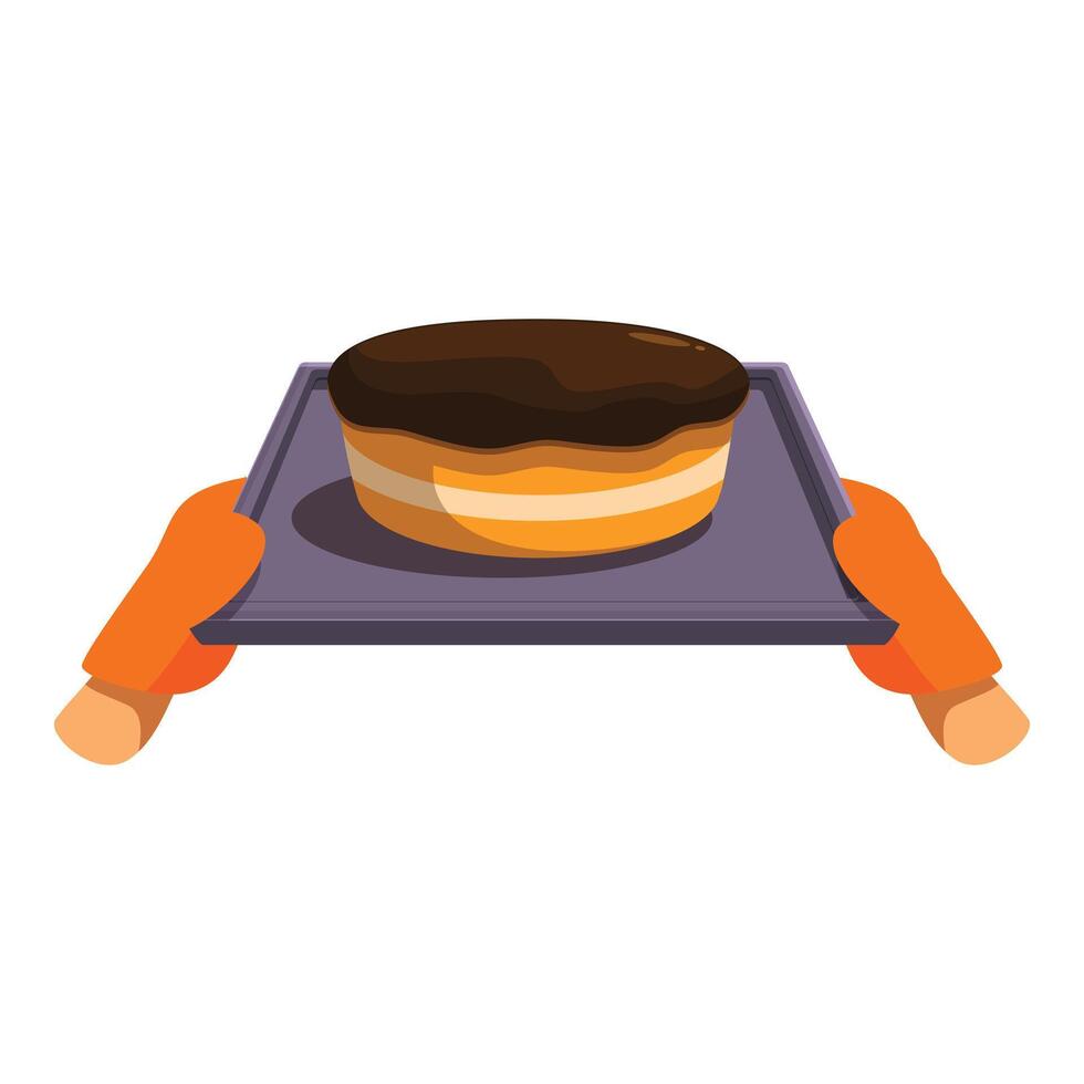 Baker holding chocolate cake on tray wearing orange oven mitts vector