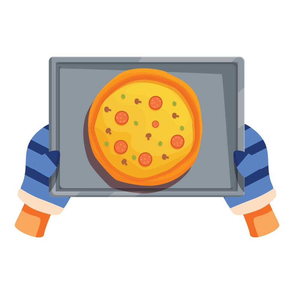 Baker holding freshly baked pizza on tray, top view vector
