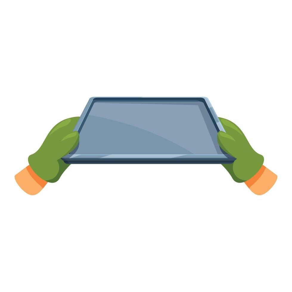 Gardener holding empty metal tray with green gloves vector