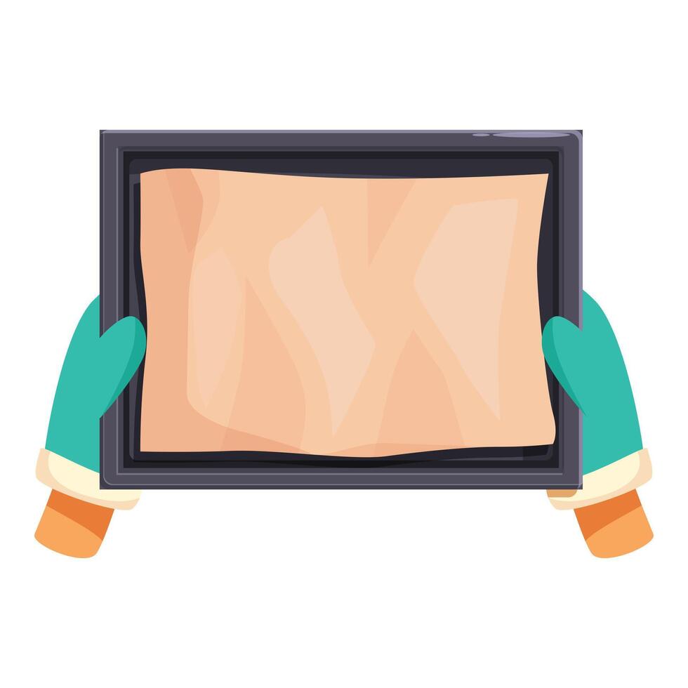 Baker holding empty baking sheet with parchment paper vector