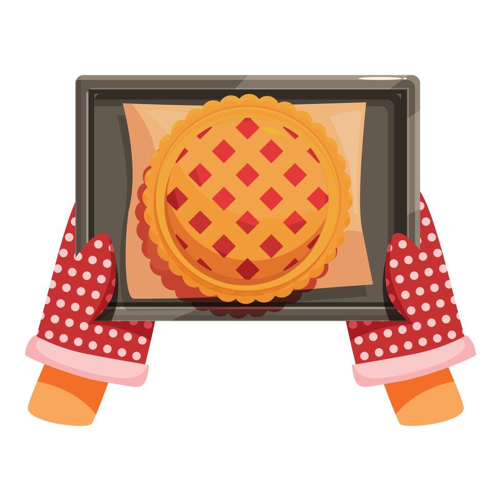 Baker holding baking sheet with freshly baked pie using oven mitts vector