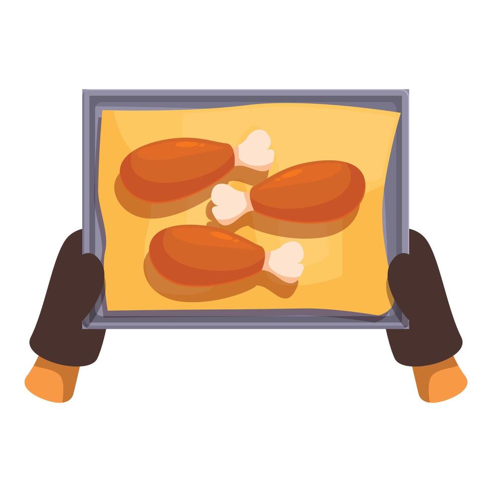 Cook holding baking sheet with chicken legs on parchment paper vector