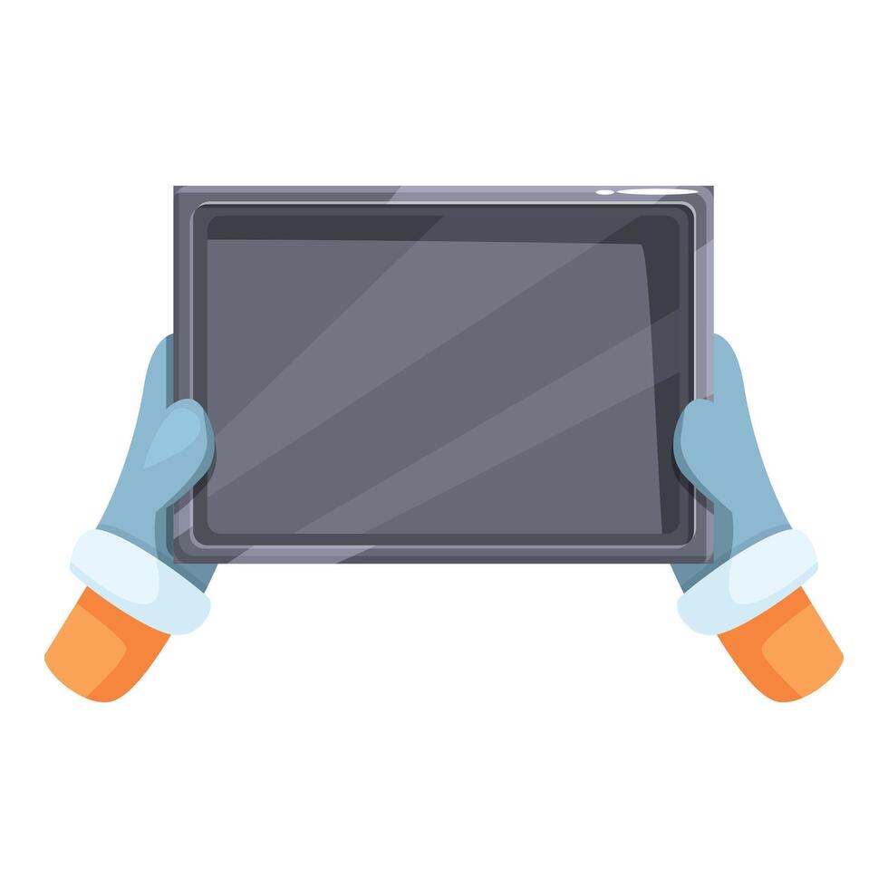 Baker holding empty baking sheet using gloves baking tools vector