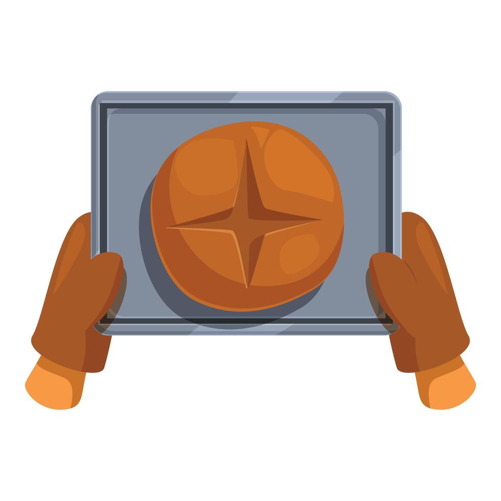 Baker holding fresh baked bread on tray wearing oven mitts vector
