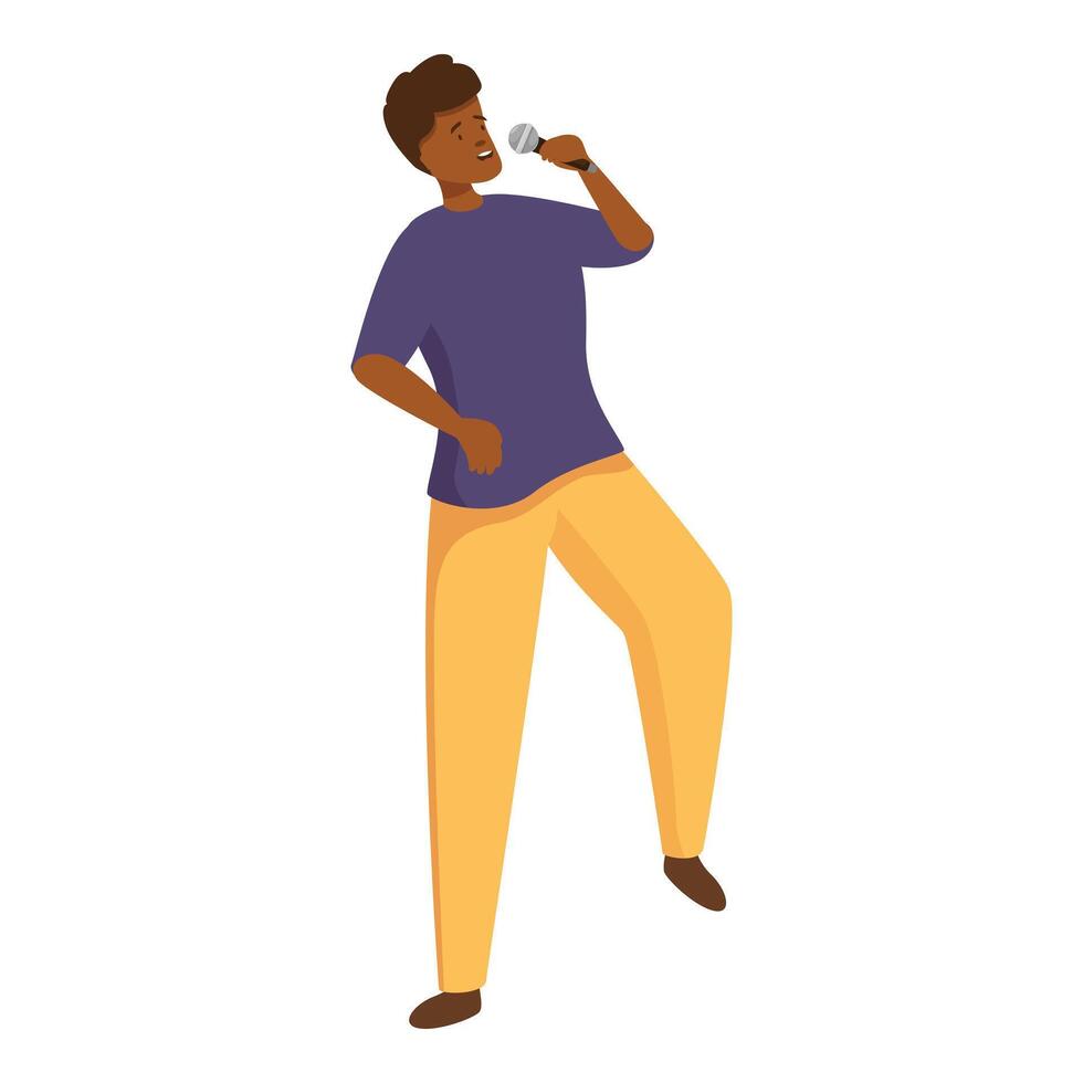 Young man enjoying singing with microphone in hands vector
