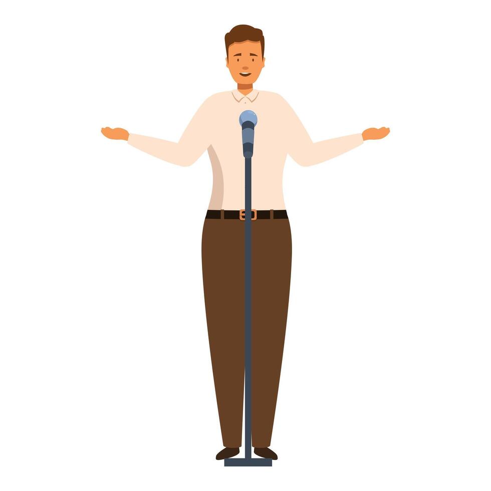 Confident public speaker delivering speech using microphone stand vector