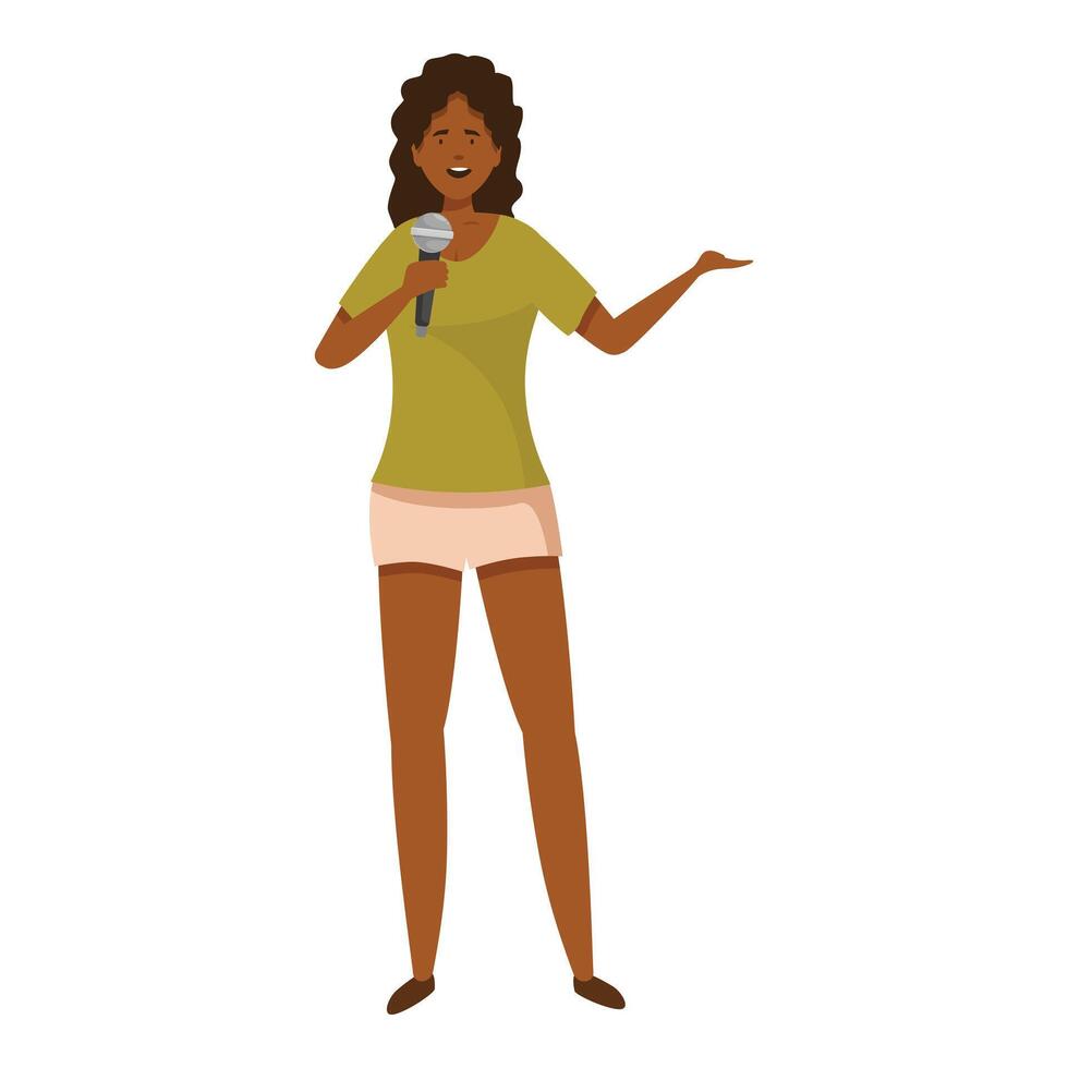 Young woman is giving a speech holding microphone and gesturing with hand vector