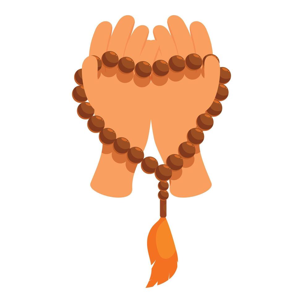 Two hands holding prayer beads between palms while praying vector
