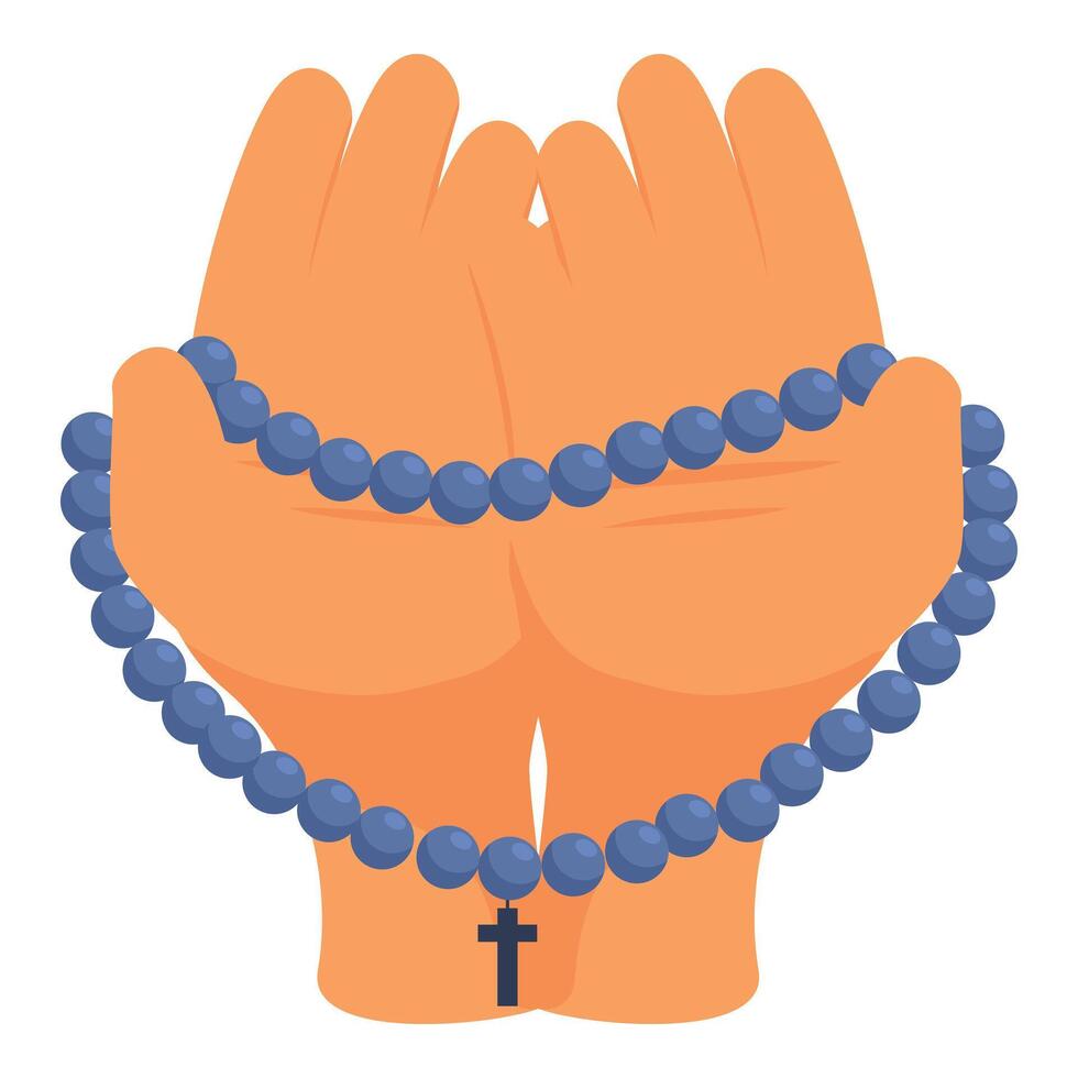 Praying hands holding rosary beads with cross for religion faith vector