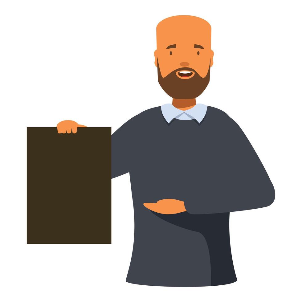 Smiling bearded businessman showing empty vertical business card vector