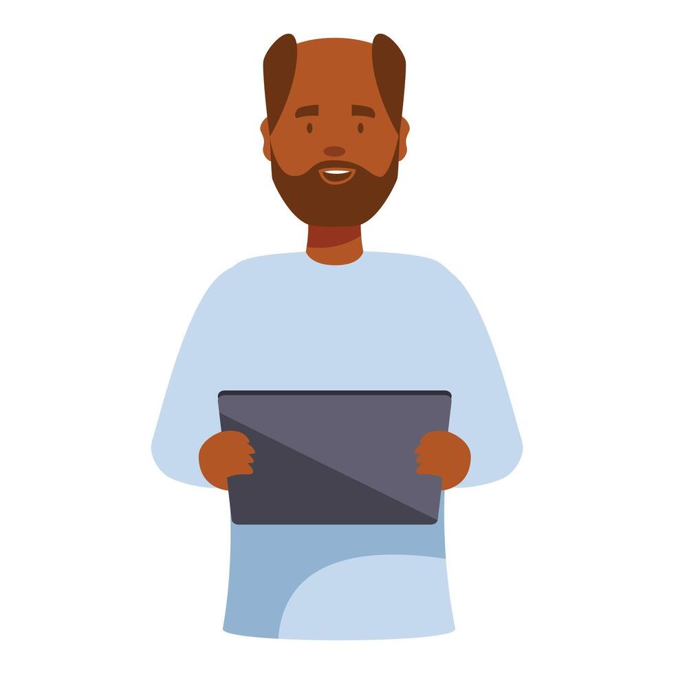 Friendly looking man is holding a tablet computer vector